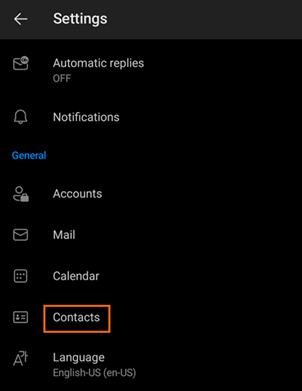 Entrada Contactos en el menú Configuración.