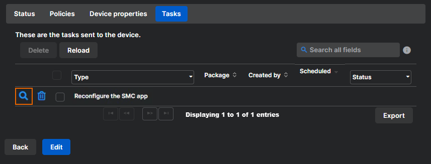 El icono Mostrar para una tarea "Reconfigurar app SMC".
