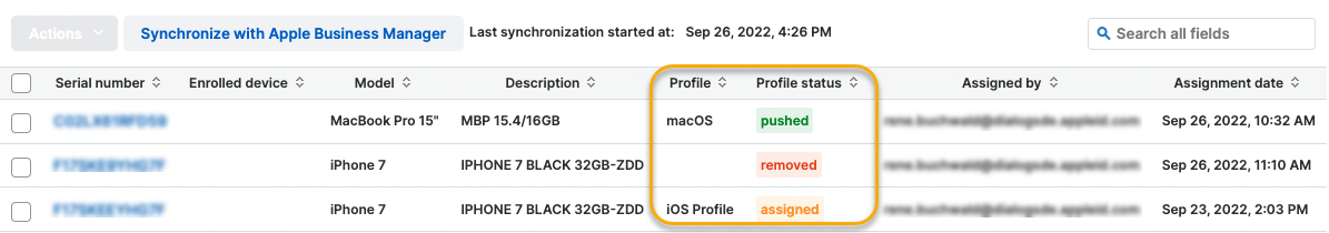 Un ejemplo de información de Perfil y Estado de perfil en la página Dispositivos del DEP de Apple.