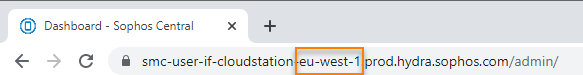 URL de ejemplo con la región de Sophos Central resaltada.
