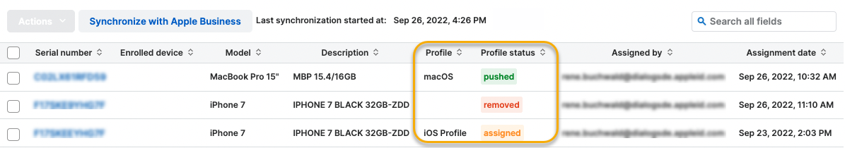 Exemple d’informations sur le profil et l’état du profil sur la page appareils DEP d’Apple.