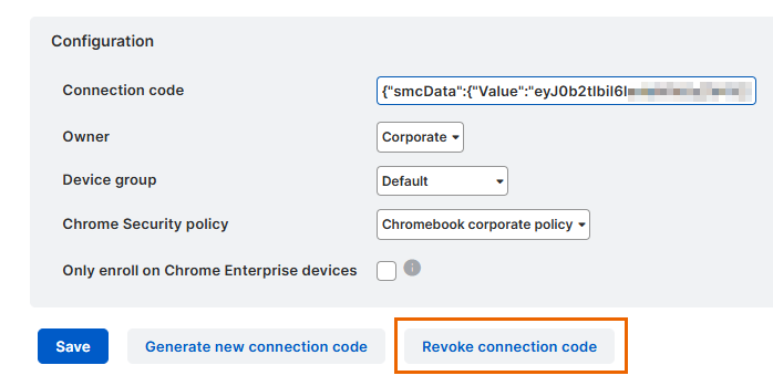 Pulsante “Revoca codice di connessione”.