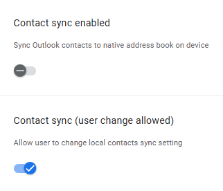 Le impostazioni “Contact sync enabled” e “Contact sync (user change allowed)”.