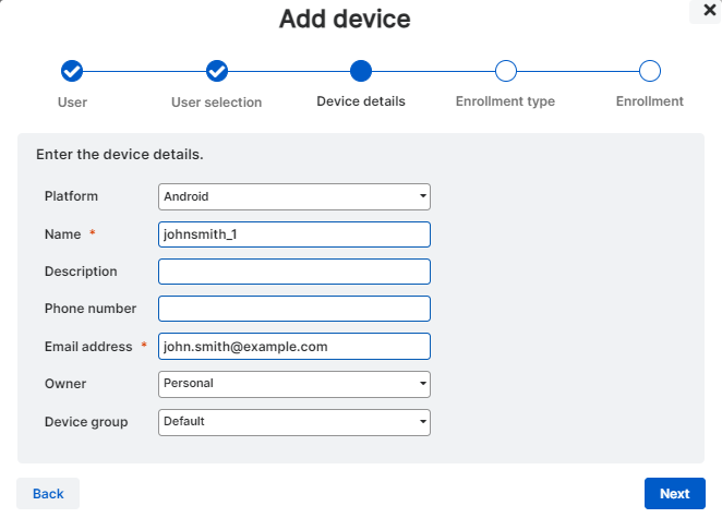 Il passaggio “Dettagli dispositivo” dall’assistente, con i campi compilati.