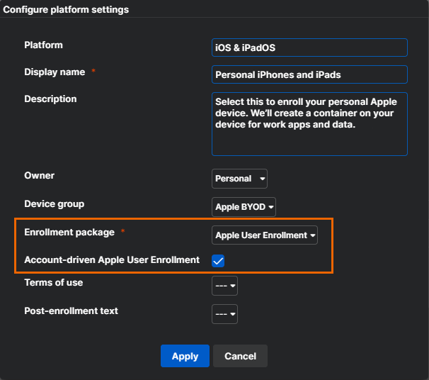 Apple ユーザー登録用の SSP プラットフォーム設定。