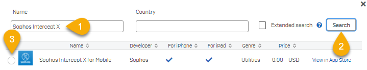 App Store での Sophos Intercept X for Mobile の検索。