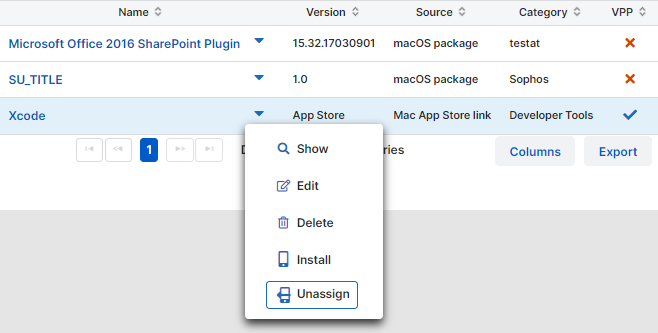 应用的操作菜单中的取消分配选项。
