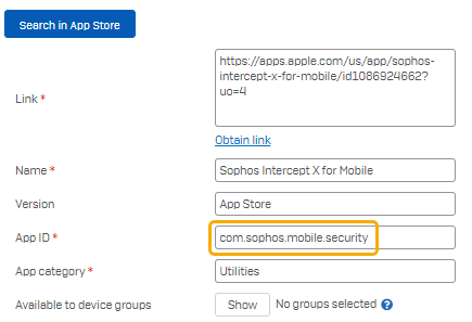 iOS 和 iPadOS 应用的标识符由 Sophos Mobile 从 App Store 检索。