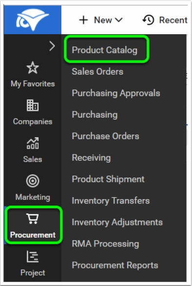Opzione Product Catalog sotto Procurement in ConnectWise Manage