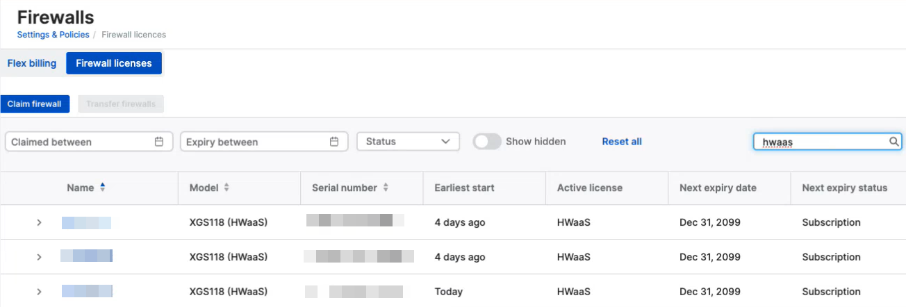 HWaaS デバイスの検索結果。