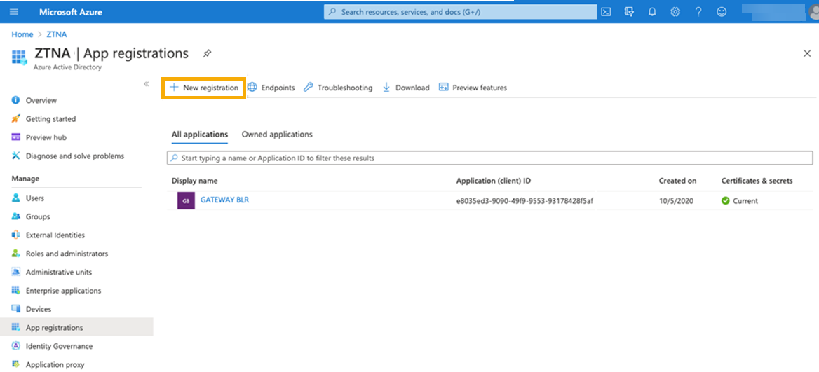 App Registrations page in Azure AD