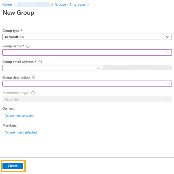 Screenshot of New group dialog in Azure AD