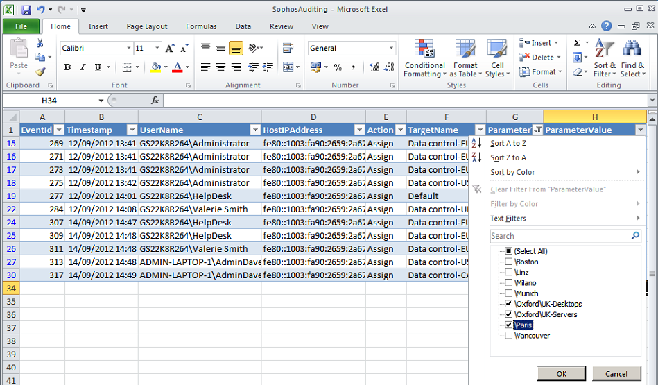 Excel table with auditing data