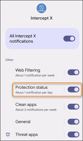 Categoría de notificación "Estado de la protección" en la configuración de las notificaciones de la app.