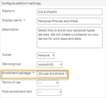 SSP platform settings for Apple User Enrollment