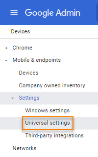 The Universal settings menu entry