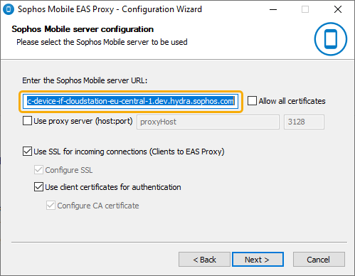 Introducir la URL del servidor en EAS Proxy Configuration Wizard