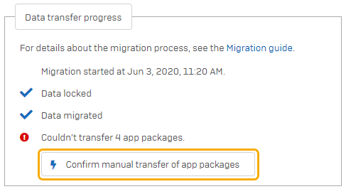 El botón Confirmar transferencia manual de paquetes de apps