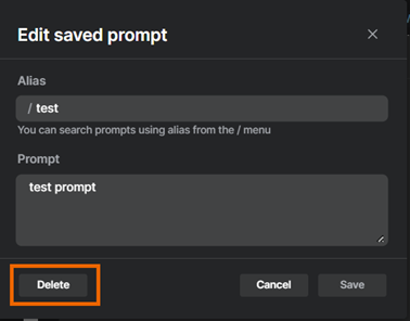 "Edit saved prompt" dialog with "Delete" button highlighted.