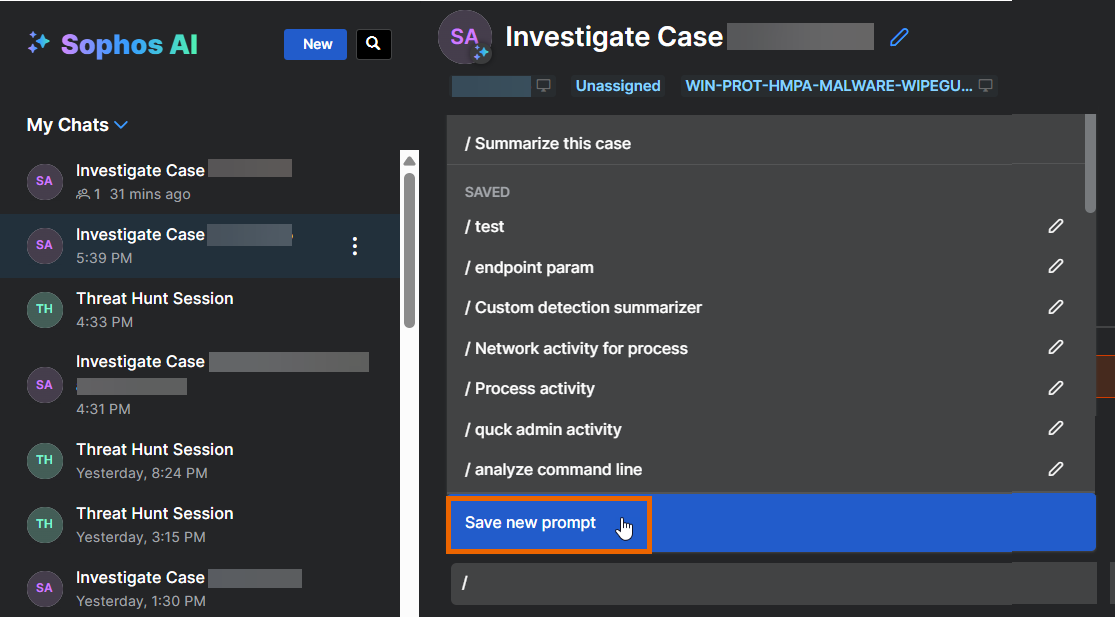 The prompts list showing the "Save new prompt" option.