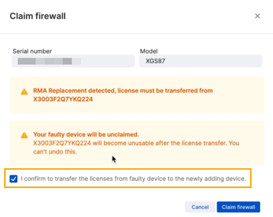 Transfer firewall license as part of RMA process.