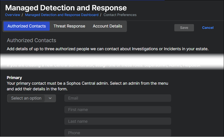 MDR Authorized Contacts tab.