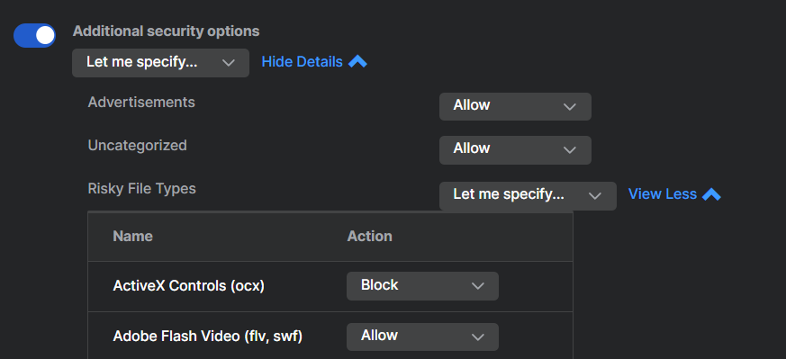 Setting actions on individual risky file types.