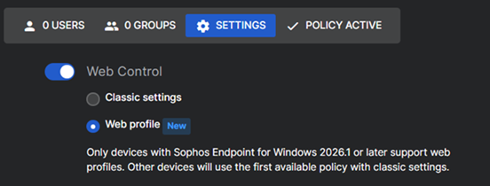 "Settings" tab showing "Web profile" selected.