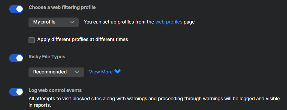 Web profile policy settings.