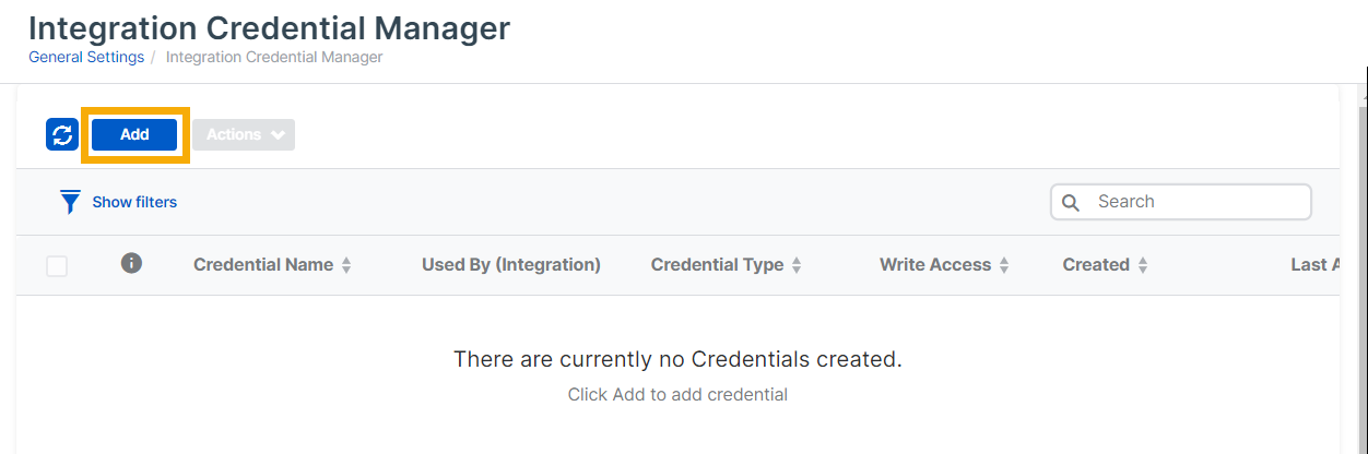 Integration Credential Manager page.