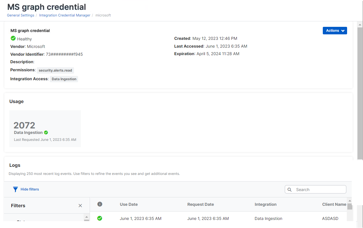 Credential details and usage.