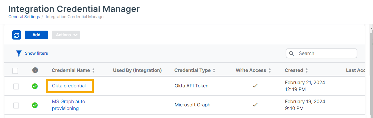 Integration Credential Manager page.
