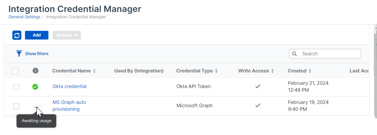 Integration Credential Manager page.
