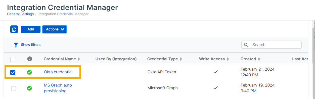 Integration Credential Manager page.
