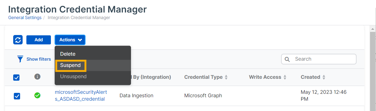 Actions menu with Suspend selected.
