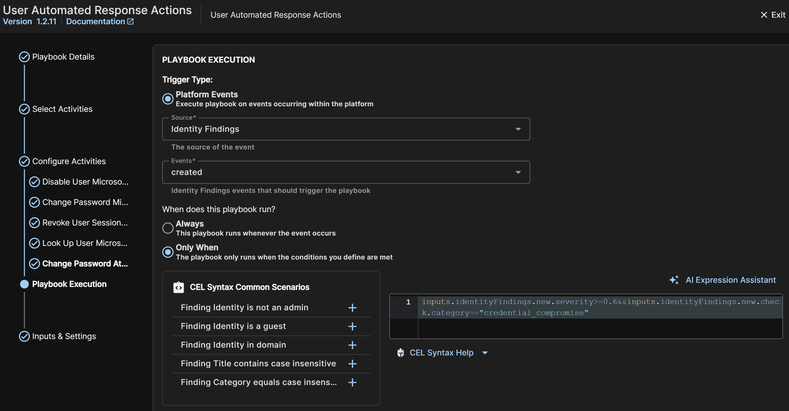 Playbook configuration for automated response action.
