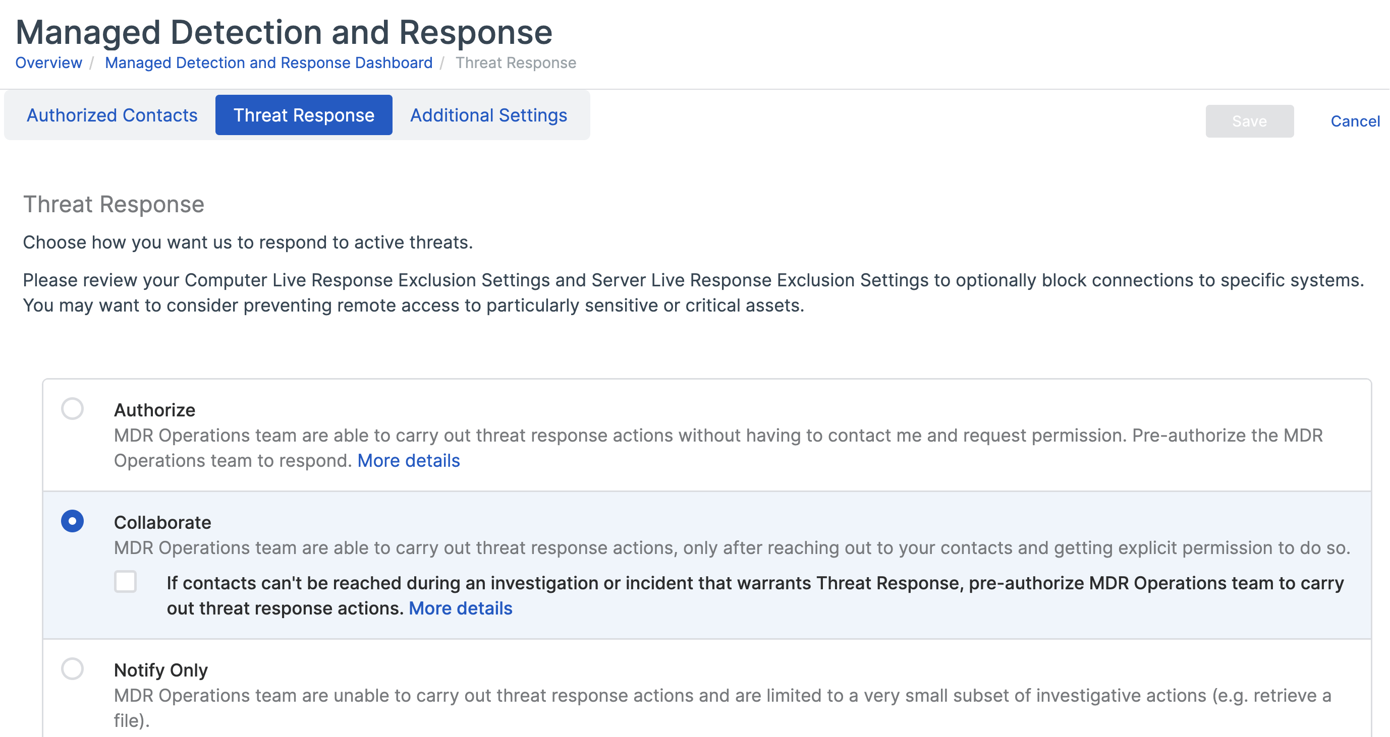 Threat response settings.