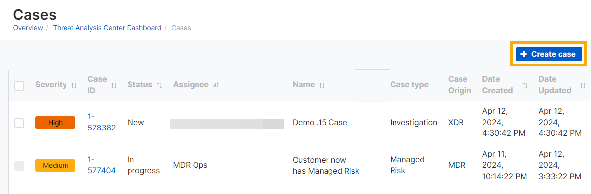 "Create case" button on "Cases" page.