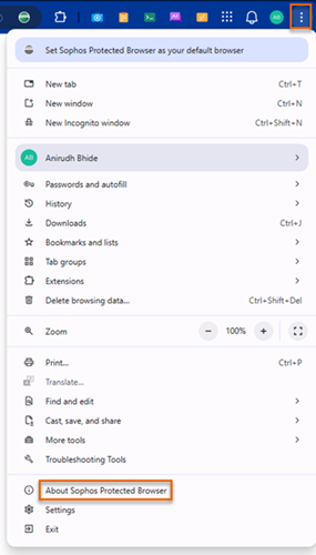About Sophos Protected Browser option.