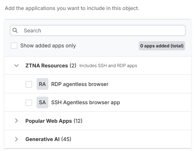 ZTNA resources showing added RDP and SSH apps.