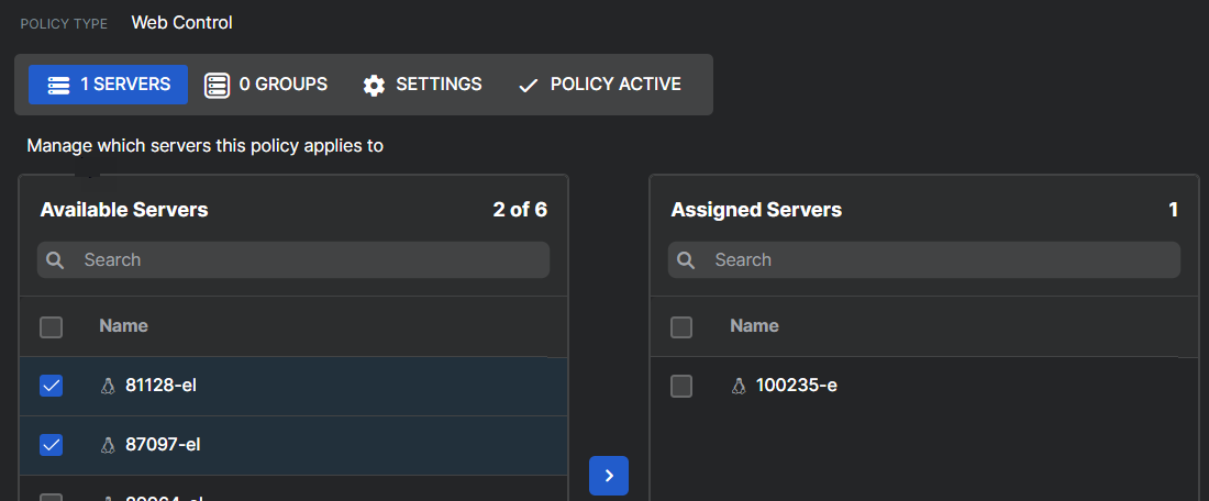 Adding servers to the Assigned Servers list.