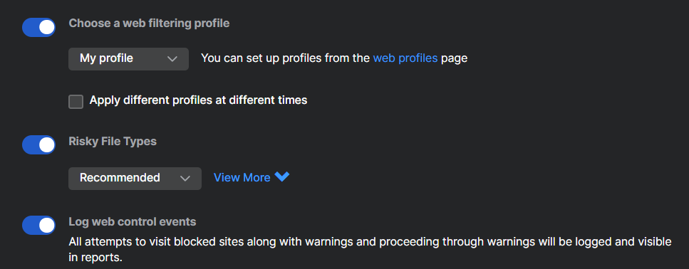 Web profiles policy settings.