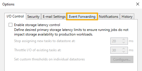Veeam Options page.