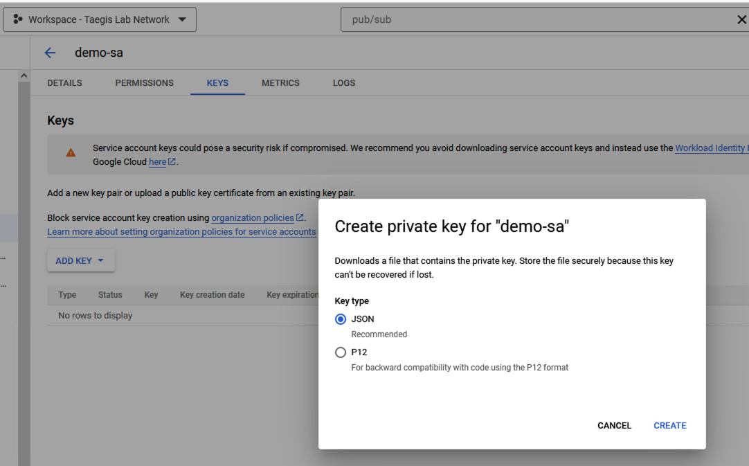 Create private key for service account.