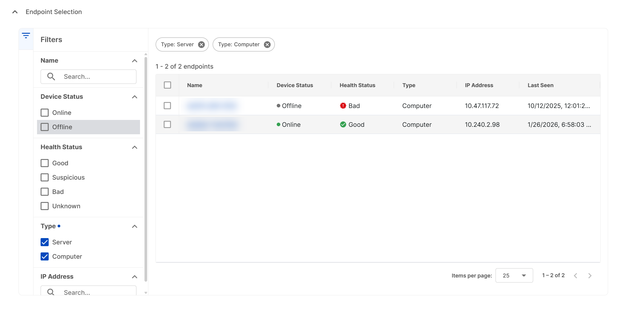 Endpoint Selection section.