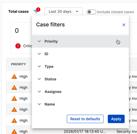 Case filters menu in Total cases widget.