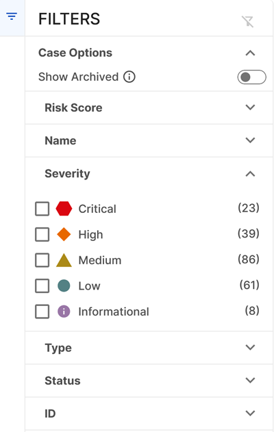 Cases page filter menu.