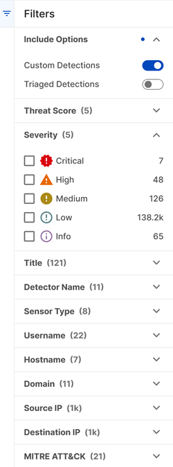 Detections page filter menu.