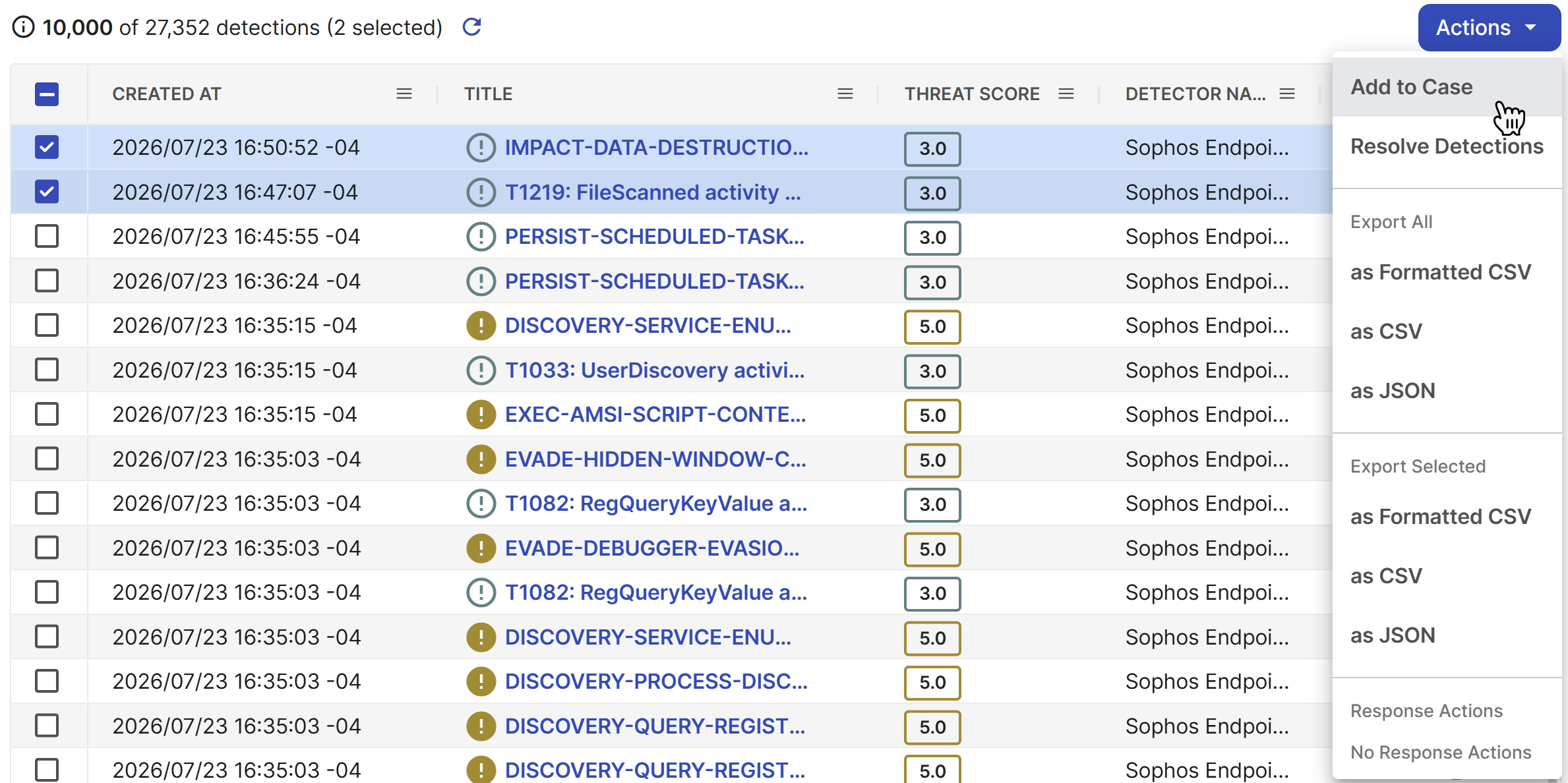 Detections page actions.