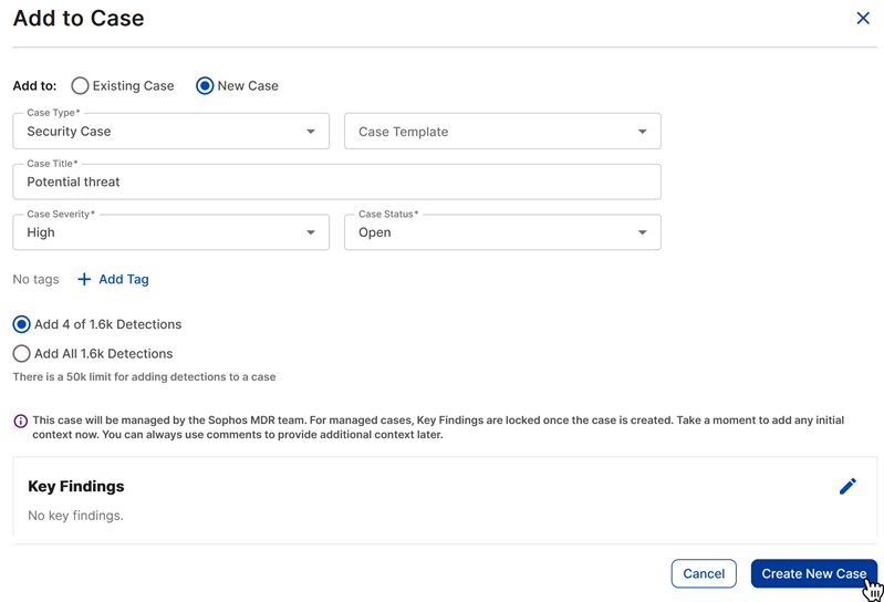 Create new case from multiple detections modal.